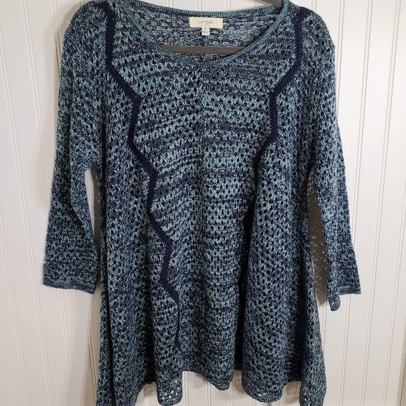 Umgee Crocheted Open Knit Sweater Tunic Blue & Green 1XL - Picture 2 of 15
